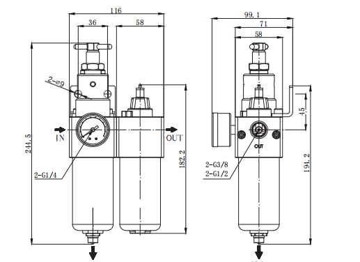 Combinación Mini FRL de acero inoxidable 3